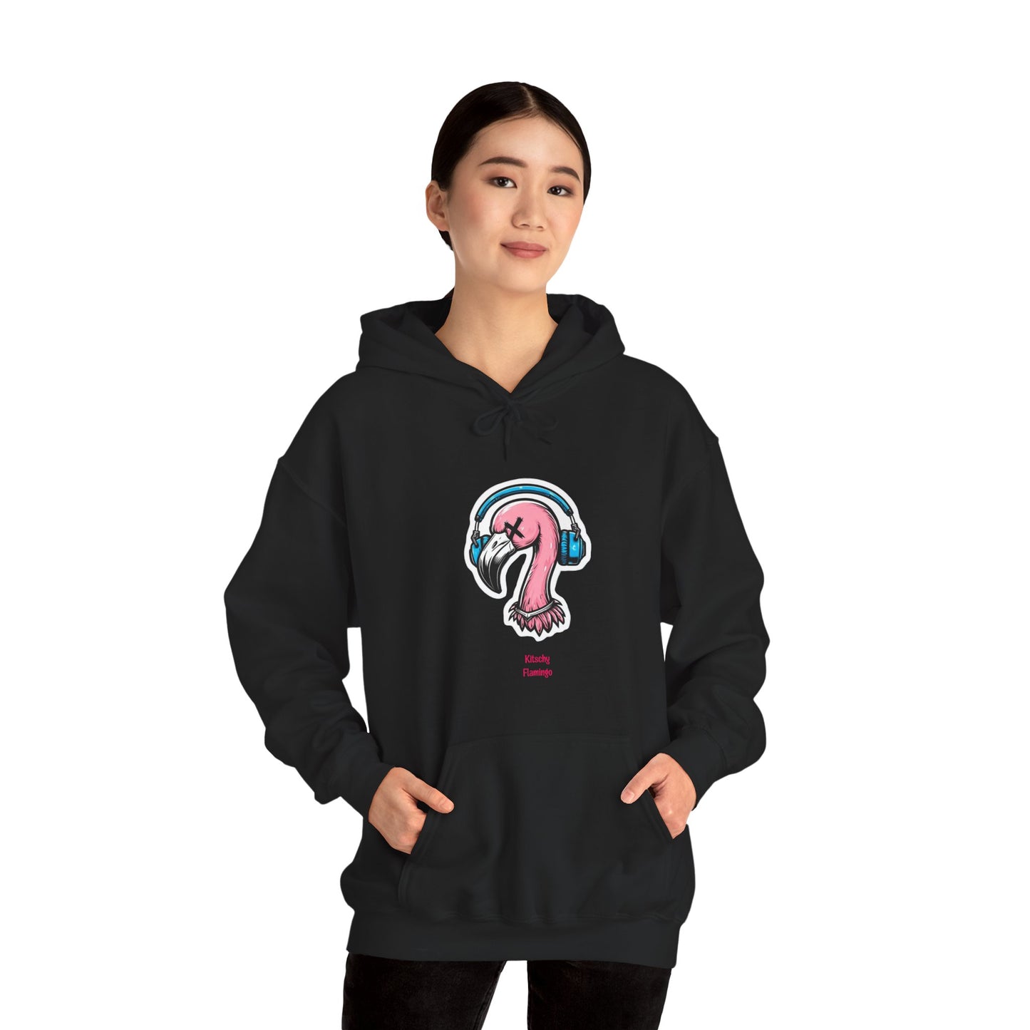 Kitschy Flamingo Hoodie, Cosy Flamingo Sweatshirt, Street Vibes Apparel, Gift for Music Lovers, Beach Style Clothing