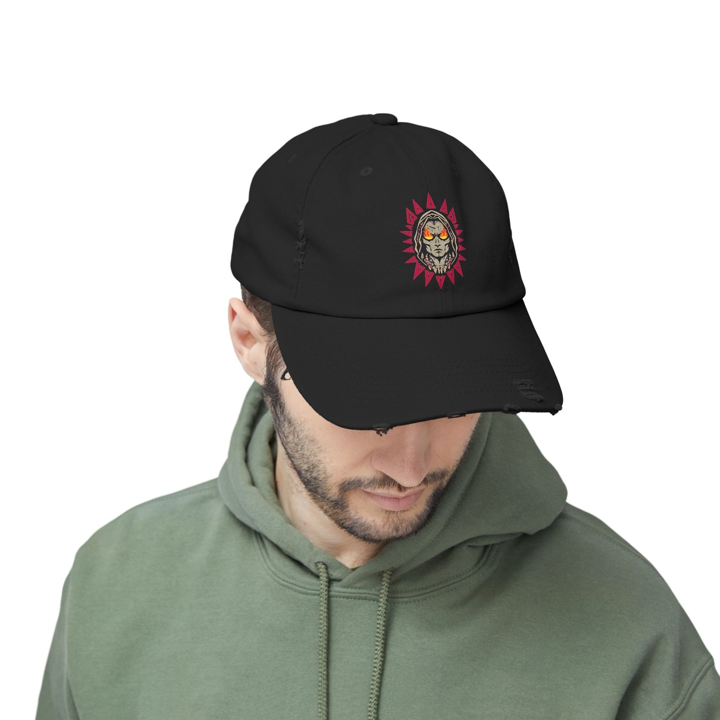 Distressed Demon Graphic Cap for Casual Chic | Trendy Black Hat with Sun Design, Adjustable Sun Hat, Summer Accessories, Unique Gift