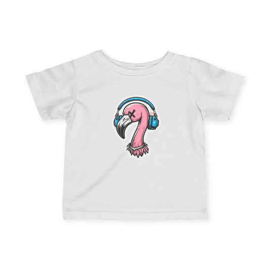 Cool Kitschy Flamingo Infant Tee with Headphones, Baby Shirt, Toddler Top, Cute Kids Fashion, Summer Outfit, Music Lover Gift