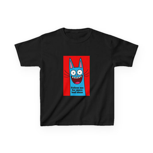 Playful Kids Tee - Funny Cat Design, Follow Me for More Bad Ideas, Funny Kids Shirt, Cartoon T-Shirt, Gifts for Children