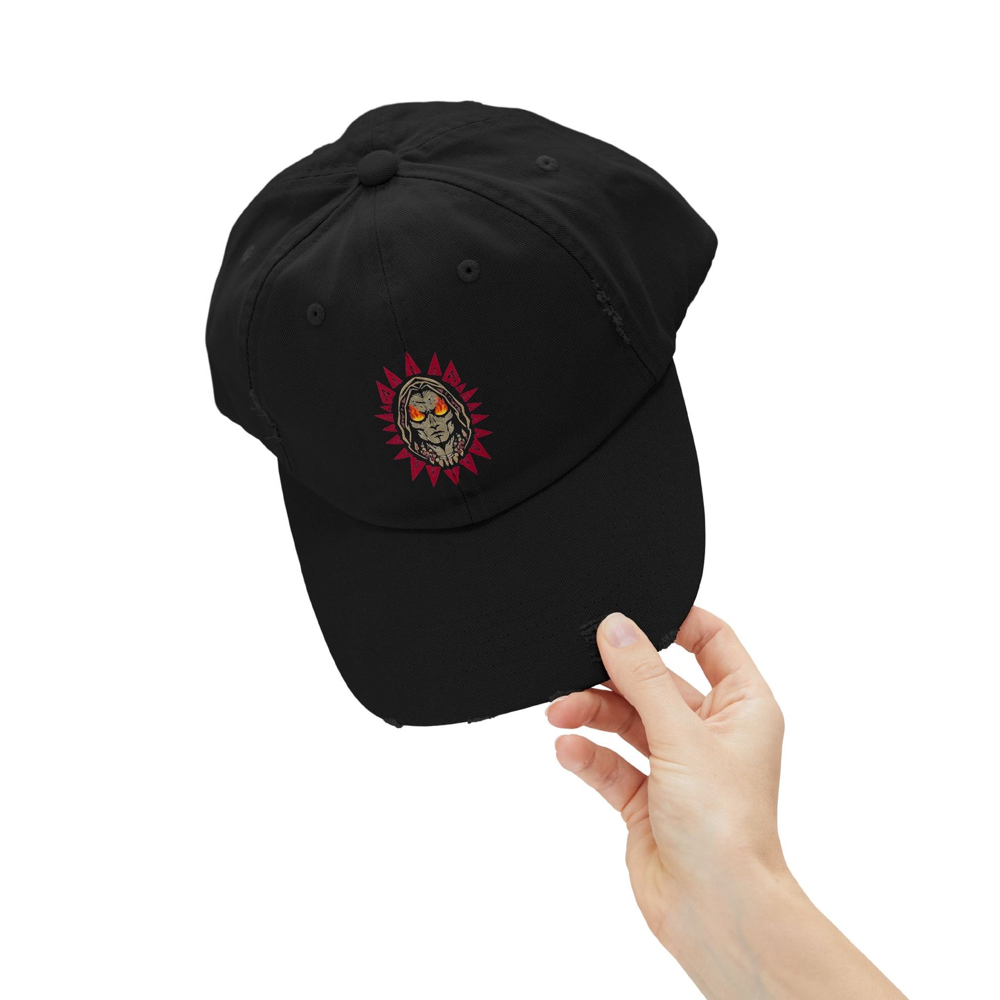 Distressed Demon Graphic Cap for Casual Chic | Trendy Black Hat with Sun Design, Adjustable Sun Hat, Summer Accessories, Unique Gift