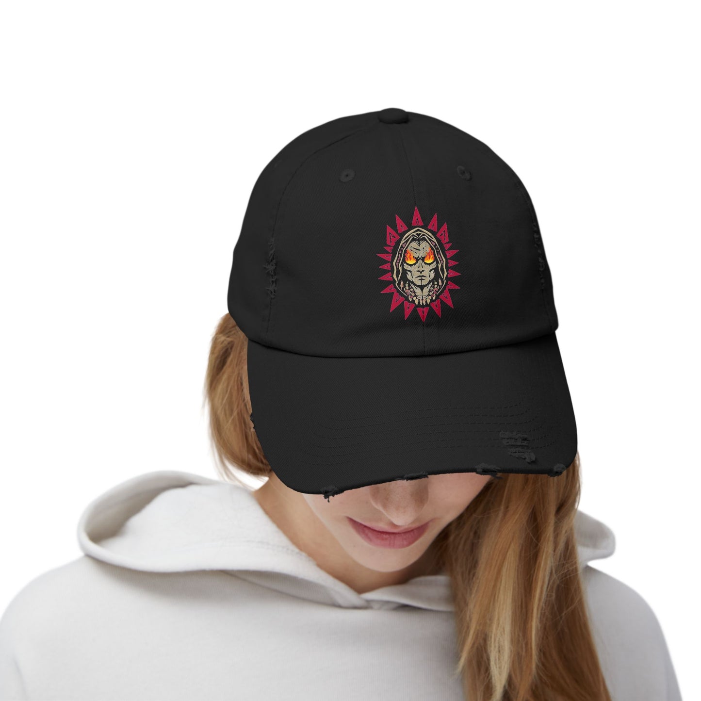 Distressed Demon Graphic Cap for Casual Chic | Trendy Black Hat with Sun Design, Adjustable Sun Hat, Summer Accessories, Unique Gift